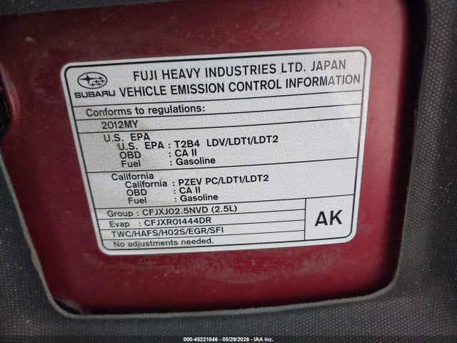 45221846 :رقم المزاد ، 4S3BMBL60C3005548 vin ، 2012 Subaru Legacy 2.5i Limited مزاد بيع