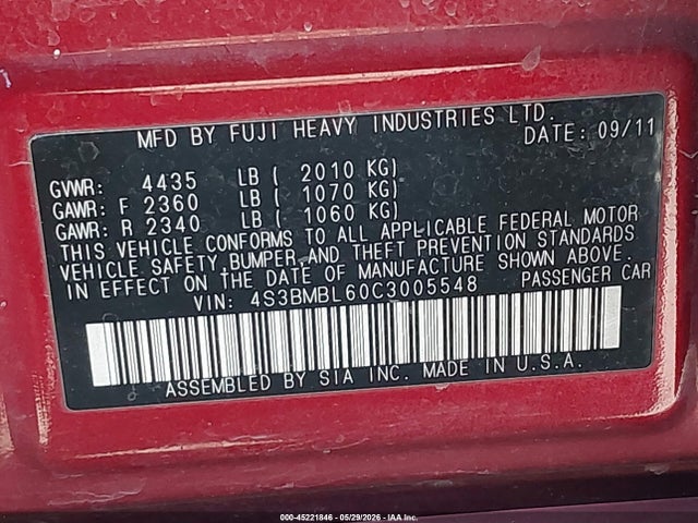 45221846 :رقم المزاد ، 4S3BMBL60C3005548 vin ، 2012 Subaru Legacy 2.5i Limited مزاد بيع