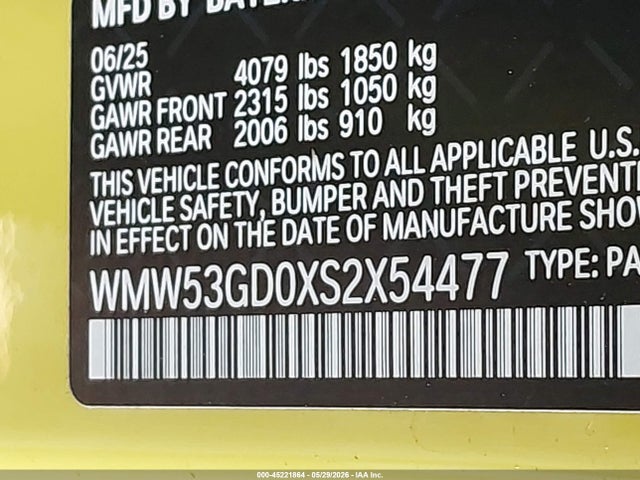 2025 Mini Hardtop Cooper S მანქანა იყიდება აუქციონზე, vin: WMW53GD0XS2X54477, აუქციონის ნომერი: 45221864