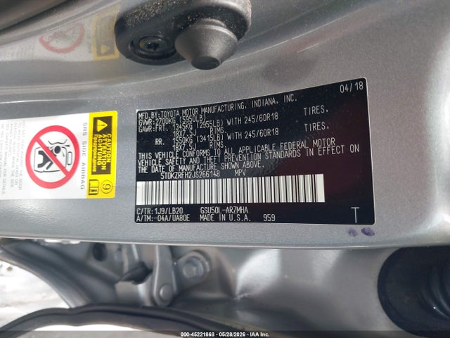 2018 Toyota Highlander Xle მანქანა იყიდება აუქციონზე, vin: 5TDKZRFH2JS266148, აუქციონის ნომერი: 45221868