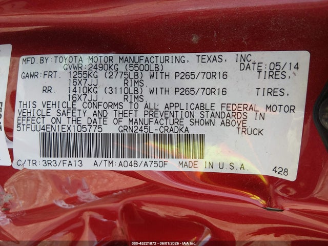 2014 Toyota Tacoma Base V6 მანქანა იყიდება აუქციონზე, vin: 5TFUU4EN1EX105775, აუქციონის ნომერი: 45221872