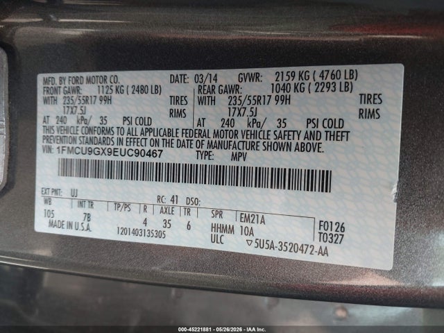 45221881 :رقم المزاد ، 1FMCU9GX9EUC90467 vin ، 2014 Ford Escape Se مزاد بيع