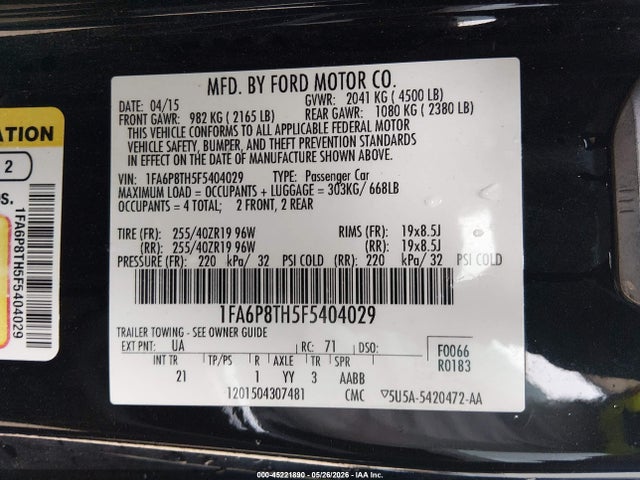 Продаж на аукціоні авто 2015 Ford Mustang Ecoboost, vin: 1FA6P8TH5F5404029, номер лоту: 45221890