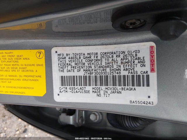 Продаж на аукціоні авто 2003 Lexus Es 300, vin: JTHBF30G930125748, номер лоту: 45221902