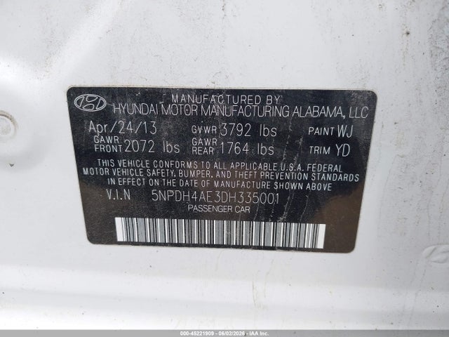 Aukcja sprzedaży 2013 Hyundai Elantra Gls, vin: 5NPDH4AE3DH335001, numer aukcji: 45221909