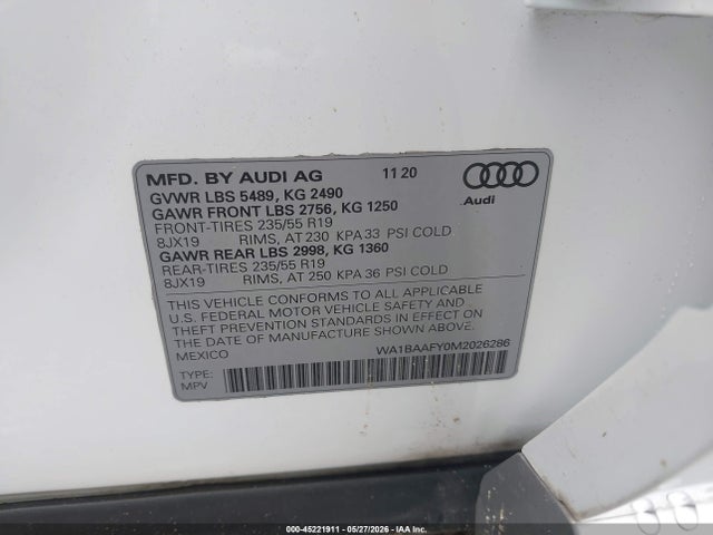45221911 :رقم المزاد ، WA1BAAFY0M2026286 vin ، 2021 Audi Q5 Premium Plus 45 Tfsi Quattro S Tronic مزاد بيع