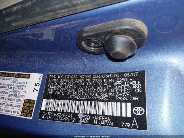 45221914 :رقم المزاد ، JTDKB20U277675450 vin ، 2007 Toyota Prius مزاد بيع