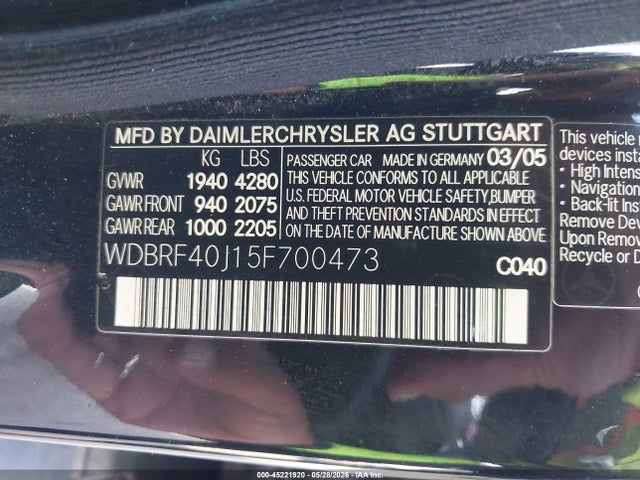 Aukcja sprzedaży 2005 Mercedes-benz C 230 Kompressor Sport, vin: WDBRF40J15F700473, numer aukcji: 45221920