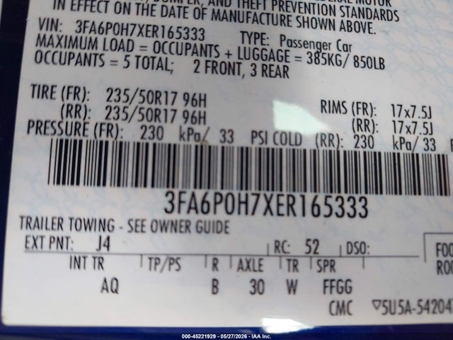 45221929 :رقم المزاد ، 3FA6P0H7XER165333 vin ، 2014 Ford Fusion Se مزاد بيع