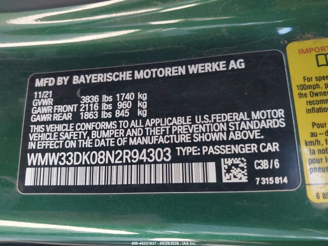 2022 Mini Hardtop Oxford Edition მანქანა იყიდება აუქციონზე, vin: WMW33DK08N2R94303, აუქციონის ნომერი: 45221937
