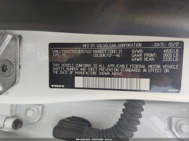 Aukcja sprzedaży 2018 Volvo S60 Inscription T5, vin: LYV402TK7JB157457, numer aukcji: 45221942