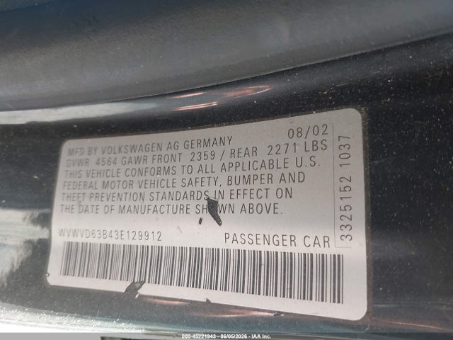 Aukcja sprzedaży 2003 Volkswagen Passat Gls, vin: WVWVD63B43E129912, numer aukcji: 45221943