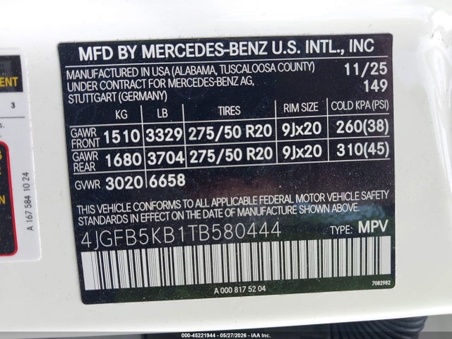 45221944 :رقم المزاد ، 4JGFB5KB1TB580444 vin ، 2026 Mercedes-benz Gle 450 4matic مزاد بيع