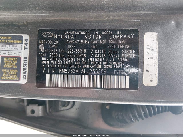 Aukcja sprzedaży 2020 Hyundai Tucson Sel, vin: KM8J33AL5LU256259, numer aukcji: 45221950
