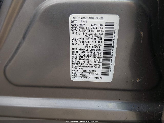Продажа на аукционе авто 2011 Nissan Rogue S, vin: JN8AS5MVXBW679457, номер лота: 45221955