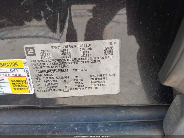 Продажа на аукционе авто 2015 Chevrolet Traverse Ltz, vin: 1GNKRJKD9FJ296814, номер лота: 45221956