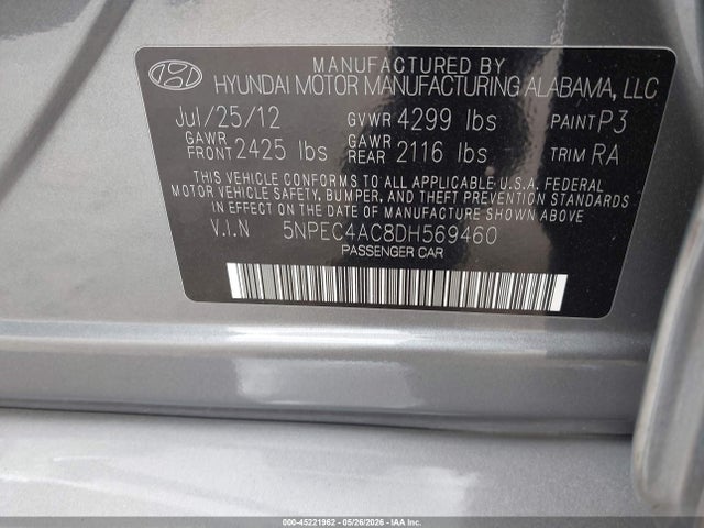 Aukcja sprzedaży 2013 Hyundai Sonata Limited, vin: 5NPEC4AC8DH569460, numer aukcji: 45221962