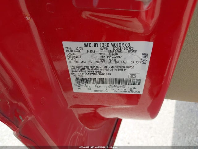 45221963 :رقم المزاد ، 1FTRX12W86NA81853 vin ، 2006 Ford F-150 Stx/xl/xlt مزاد بيع