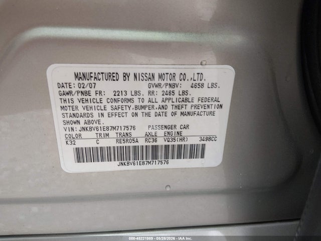 Продажа на аукционе авто 2007 Infiniti G35 Journey, vin: JNKBV61E87M717576, номер лота: 45221989