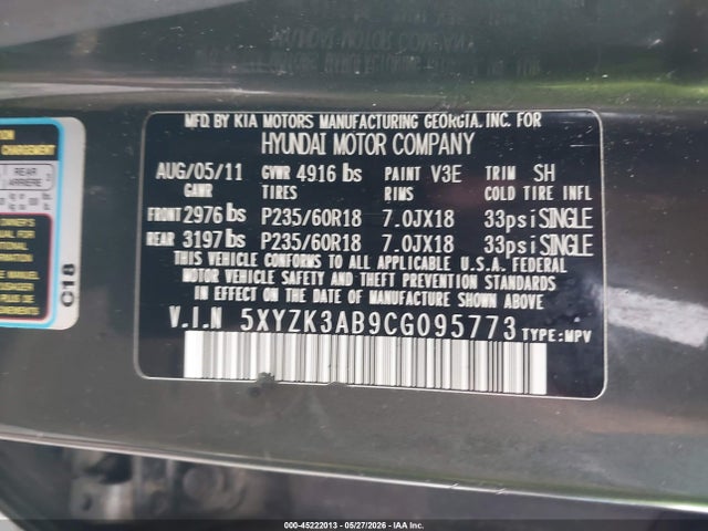 45222013 :رقم المزاد ، 5XYZK3AB9CG095773 vin ، 2012 Hyundai Santa Fe Limited مزاد بيع