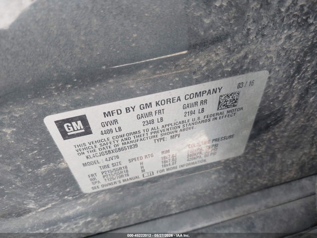 Aukcja sprzedaży 2016 Buick Encore Leather, vin: KL4CJGSBXGB651839, numer aukcji: 45222012
