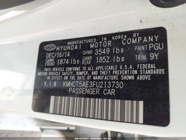 Aukcja sprzedaży 2015 Hyundai Accent Gs, vin: KMHCT5AE3FU213730, numer aukcji: 45222033