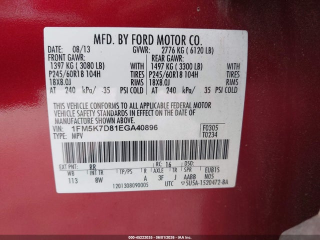 1FM5K7D81EGA40896 Ford EXPLORER XLT