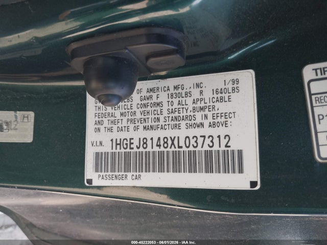 45222053 :رقم المزاد ، 1HGEJ8148XL037312 vin ، 1999 Honda Civic Ex مزاد بيع