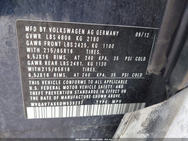 Продаж на аукціоні авто 2013 Volkswagen Tiguan S, vin: WVGAV7AX5DW539237, номер лоту: 45222067