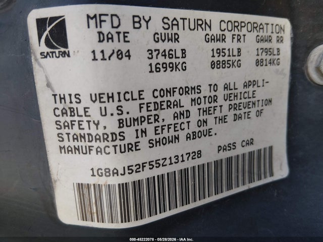 Aukcja sprzedaży 2005 Saturn Ion 2, vin: 1G8AJ52F55Z131728, numer aukcji: 45222078