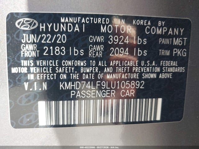 Продаж на аукціоні авто 2020 Hyundai Elantra Se, vin: KMHD74LF9LU105892, номер лоту: 45222086
