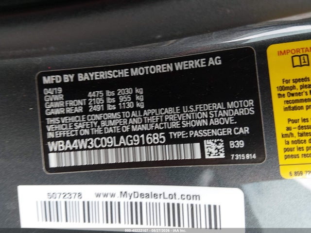 Aukcja sprzedaży 2020 Bmw 430i, vin: WBA4W3C09LAG91685, numer aukcji: 45222107