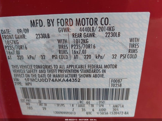 Продажа на аукционе авто 2010 Ford Escape Xlt, vin: 1FMCU0D74AKA44352, номер лота: 45222113