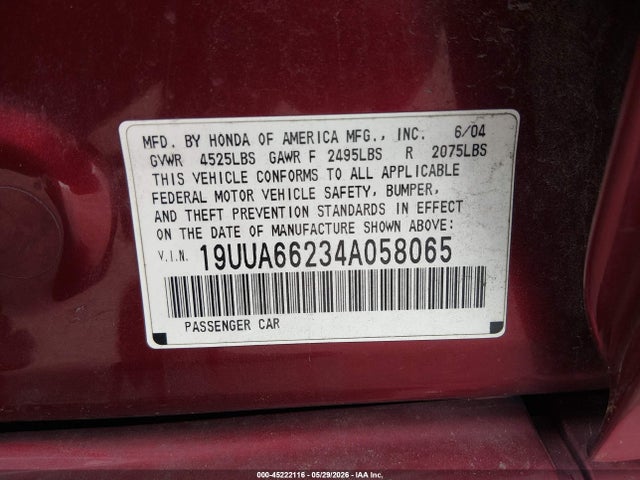 Auction sale of the 2004 Acura Tl, vin: 19UUA66234A058065, lot number: 45222116
