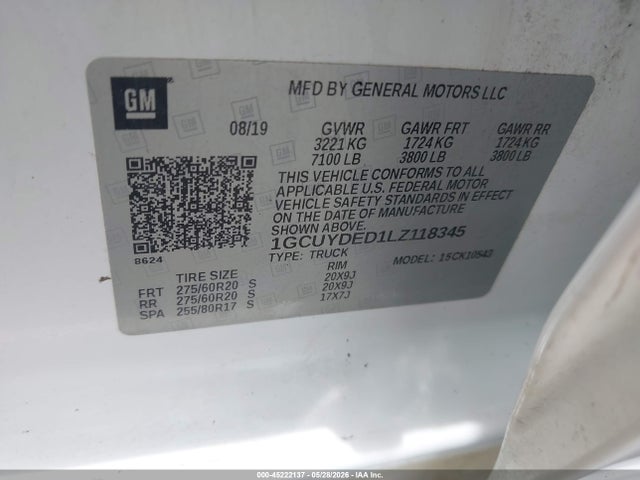 45222137 :رقم المزاد ، 1GCUYDED1LZ118345 vin ، 2020 Chevrolet Silverado 1500 4wd  Short Bed Lt مزاد بيع
