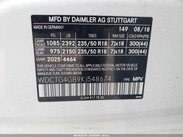WDCTG4GB9KJ548674 Mercedes-Benz Gla 250 4matic