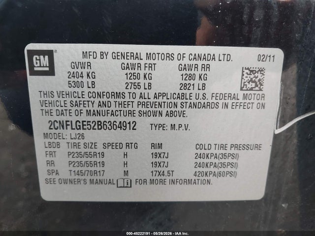 Aukcja sprzedaży 2011 Chevrolet Equinox Ltz, vin: 2CNFLGE52B6364912, numer aukcji: 45222191