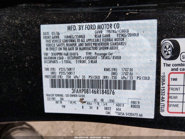 Aukcja sprzedaży 2006 Ford Fusion Sel, vin: 3FAHP08146R184076, numer aukcji: 45222195