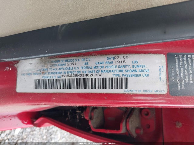 45222207 :رقم المزاد ، 3VWSS29M01M020832 vin ، 2001 Volkswagen Jetta Gls مزاد بيع
