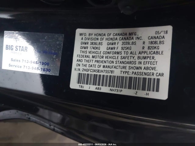 Honda CIVIC SI 2018 2HGFC3A58JH755781 Image 9