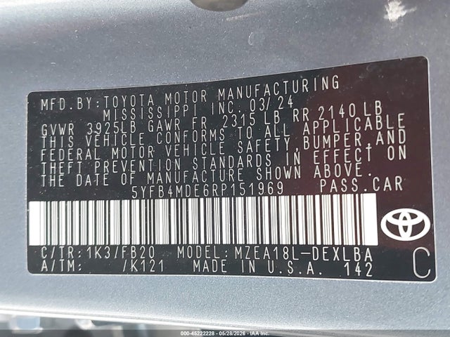 Продажа на аукционе авто 2024 Toyota Corolla Le, vin: 5YFB4MDE6RP151969, номер лота: 45222228