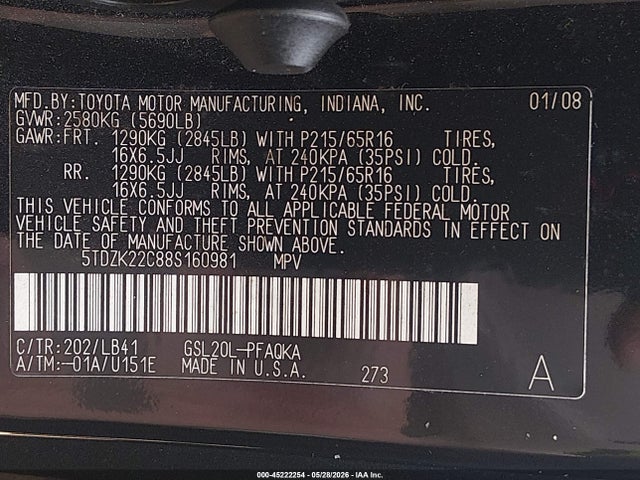 45222254 :رقم المزاد ، 5TDZK22C88S160981 vin ، 2008 Toyota Sienna Xle مزاد بيع