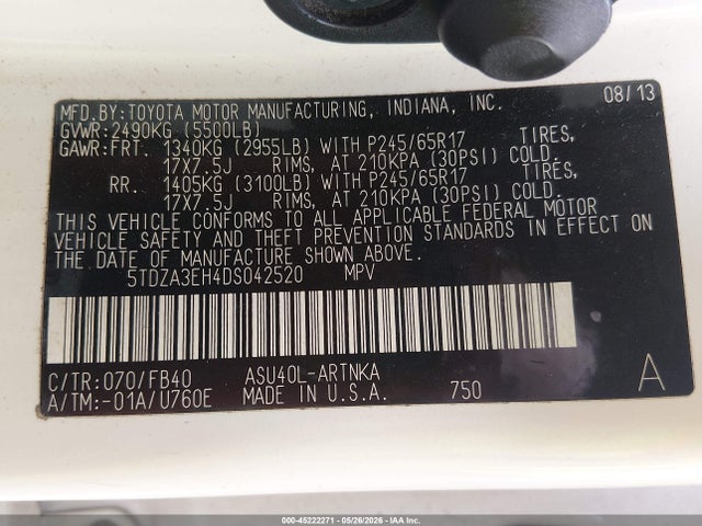 Aukcja sprzedaży 2013 Toyota Highlander, vin: 5TDZA3EH4DS042520, numer aukcji: 45222271