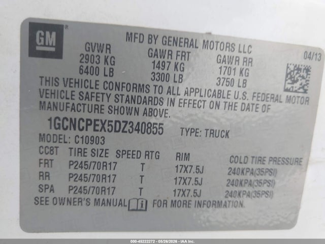 45222272 :رقم المزاد ، 1GCNCPEX5DZ340855 vin ، 2013 Chevrolet Silverado 1500 Work Truck مزاد بيع