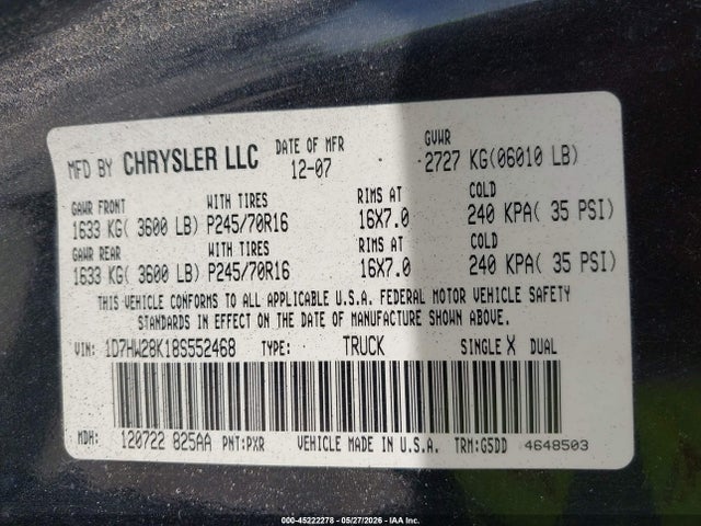 Aukcja sprzedaży 2008 Dodge Dakota St, vin: 1D7HW28K18S552468, numer aukcji: 45222278