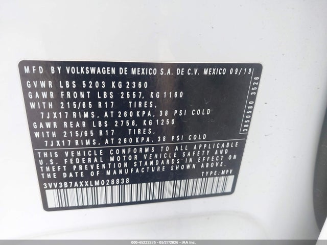 3VV3B7AXXLM028838 Volkswagen Tiguan 2.0t Se/2.0t Se R-line Black/2.0t Sel