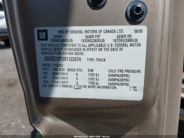 Продаж на аукціоні авто 2006 Chevrolet Silverado 1500 Lt1, vin: 2GCEC19TX61122474, номер лоту: 45222302