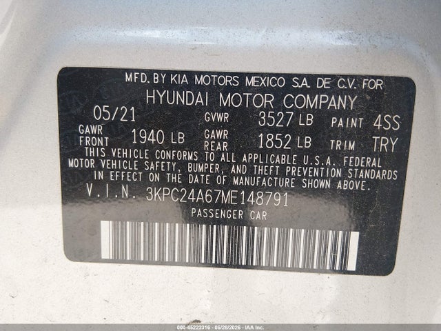 45222316 :رقم المزاد ، 3KPC24A67ME148791 vin ، 2021 Hyundai Accent Se مزاد بيع