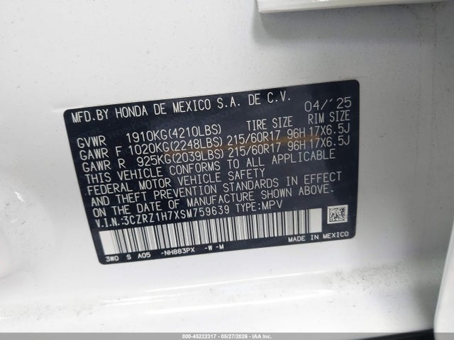 Aukcja sprzedaży 2025 Honda Hr-v 2wd Ex-l, vin: 3CZRZ1H7XSM759639, numer aukcji: 45222317