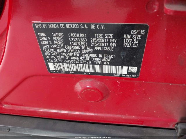 Aukcja sprzedaży 2016 Honda Hr-v Ex, vin: 3CZRU5H50GM733529, numer aukcji: 45222322
